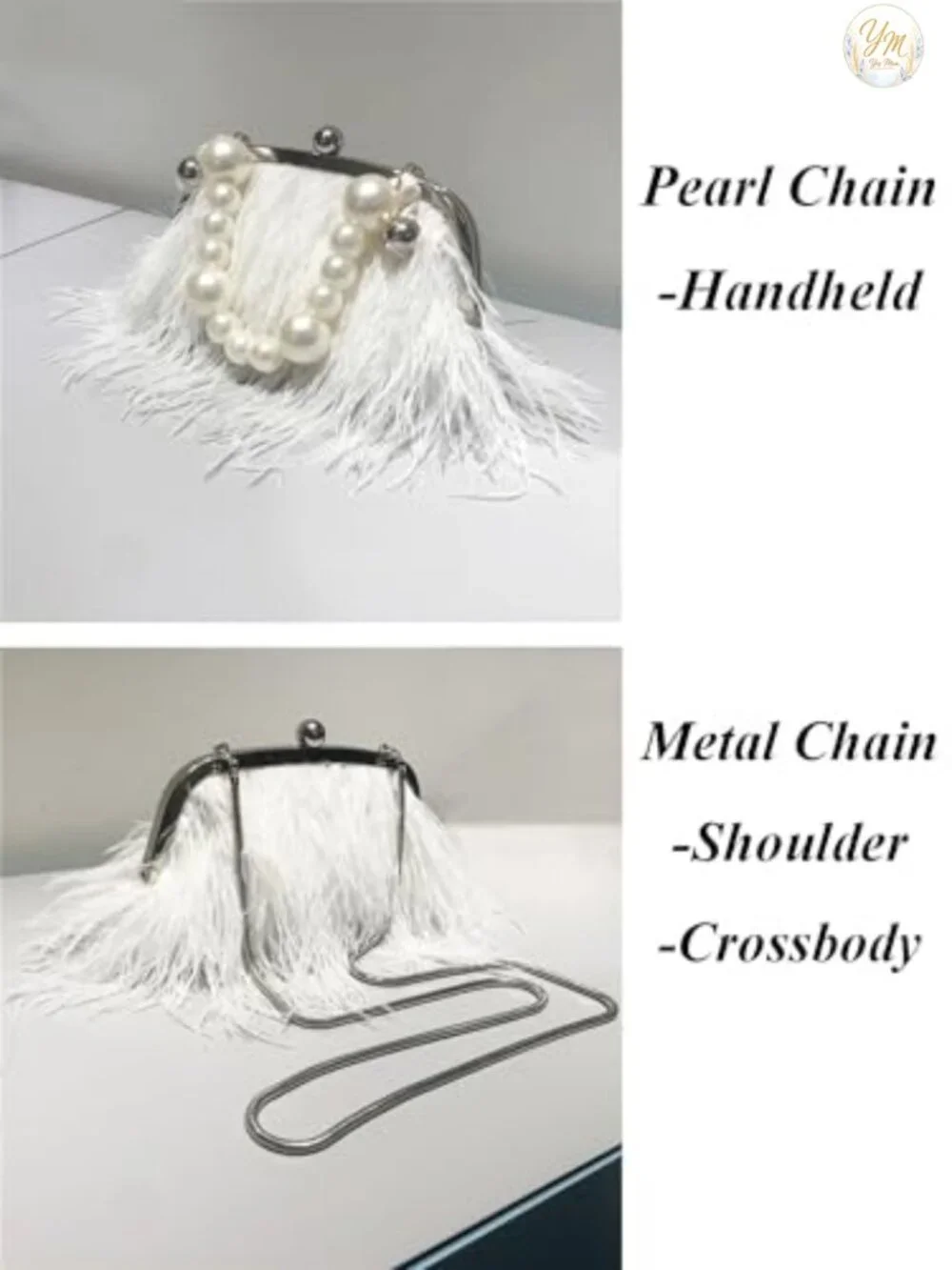 Vintage Fluffy Ostrich Feather Evening Bag Clutch Pearl Chain Tote Bridal
